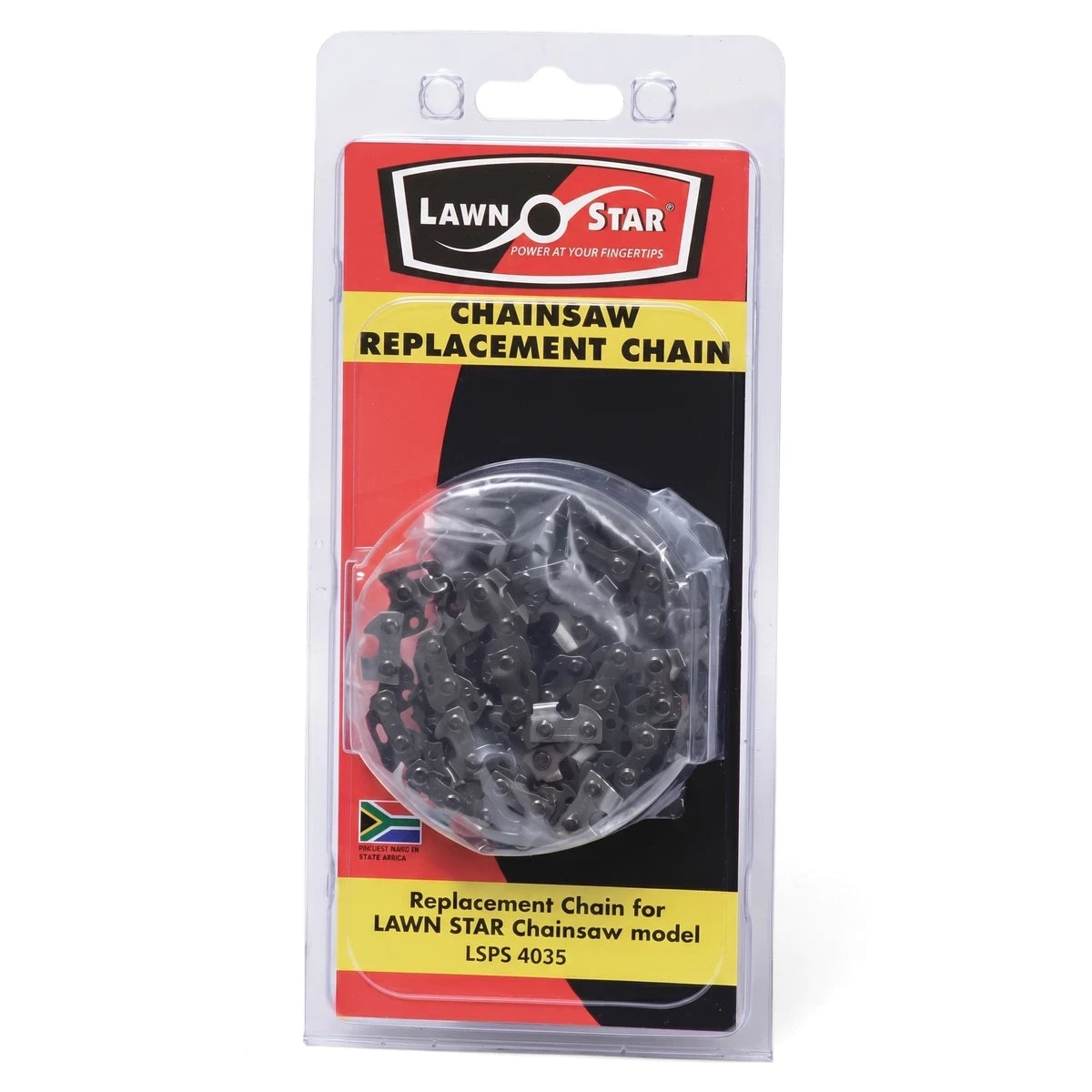 Lawn Star Chainsaw Replacement Chain for Lss 2035 and Lsps 4035 models, packaged in clear plastic with red and yellow