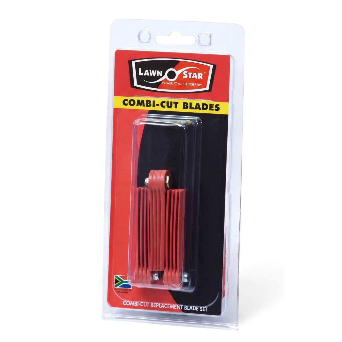 Lawn Star Combi-Cut replacement blade set featuring red plastic blades in transparent and red retail packaging, front view.
