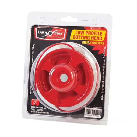 Red Low-Profile Aluminum Nylon Brush Cutter Head from Lawn Star, packaged in clear blister pack, viewed from an angled