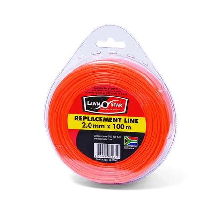 Orange Lawn Star trimmer line donut, 2.0mm x 100m, in clear retail packaging, for lawn maintenance.