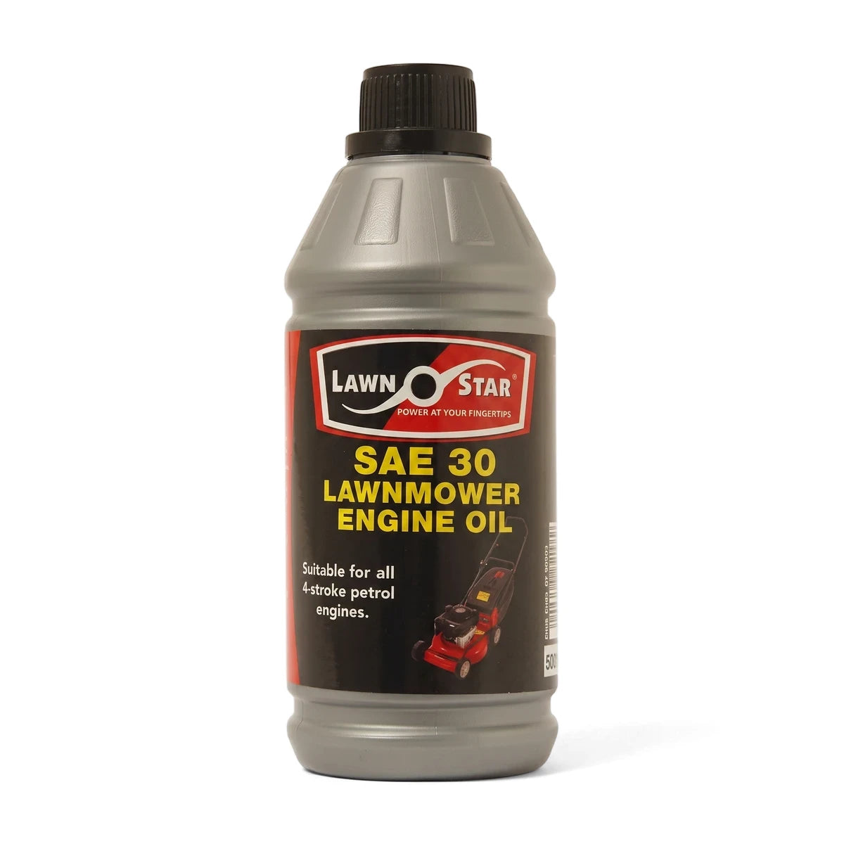 A grey plastic bottle of Lawn Star SAE 30 Lawnmower Engine Oil, 500ml, with a black cap and a red and black label, standing