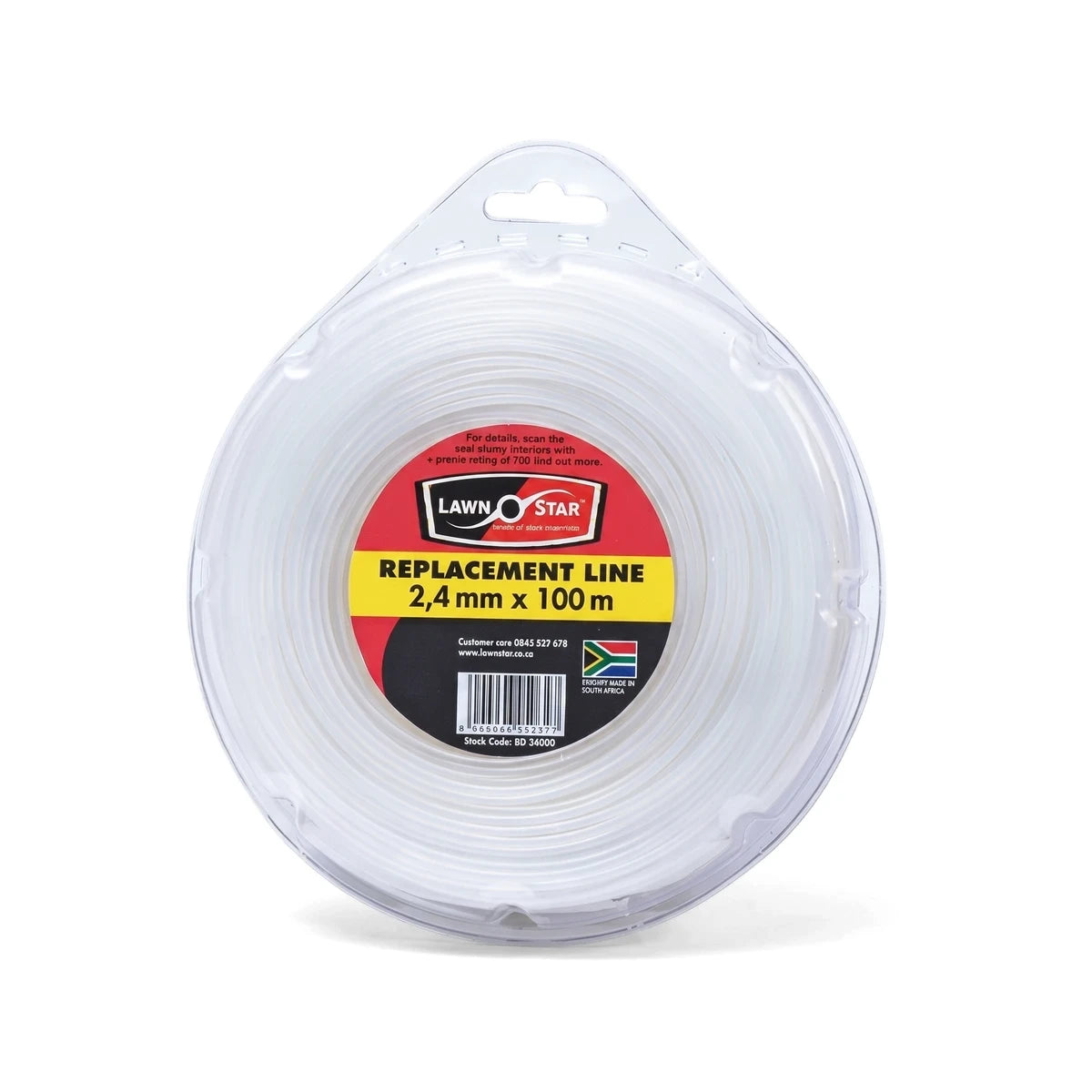 Lawn Star Trimmer Line Donut, 2.4mm x 100m, packaged in clear plastic with a red and yellow label, displayed on white.