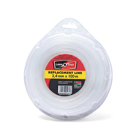 Lawn Star Trimmer Line Donut, 2.4mm x 100m, packaged in clear plastic with a red and yellow label, displayed on white.