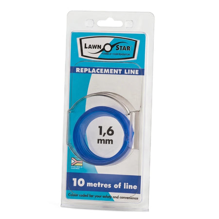 Lawn Star Trimmer Line Single Coil Pre-Pack, 1.6mm, 10 metres, in clear plastic and blue retail packaging, front view.