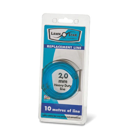 Lawn Star Trimmer Line Single Coil Pre-Pack, 2.0mm heavy duty blue line, 10 meters, in clear retail packaging.