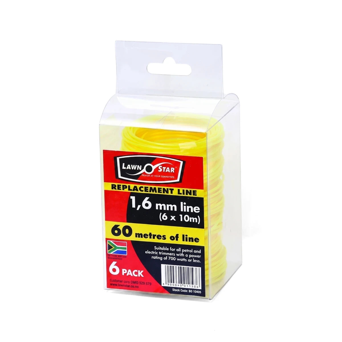 Lawn Star 1.6mm Trimmer Line Six Coil Pre-Pack, 60 metres, 6 yellow coils in clear plastic packaging.