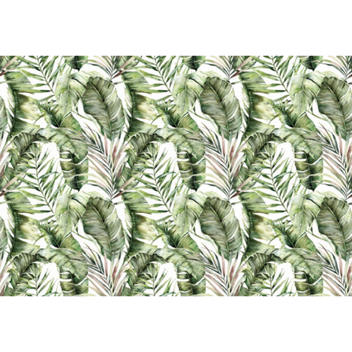 Watercolor tropical leaves pattern decoupage sheet featuring green banana leaves and palm fronds on a white background.