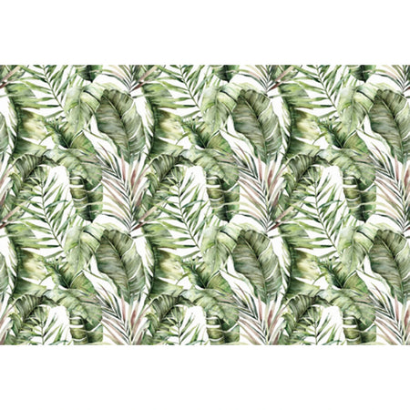 Watercolor tropical leaves pattern decoupage sheet featuring green banana leaves and palm fronds on a white background.