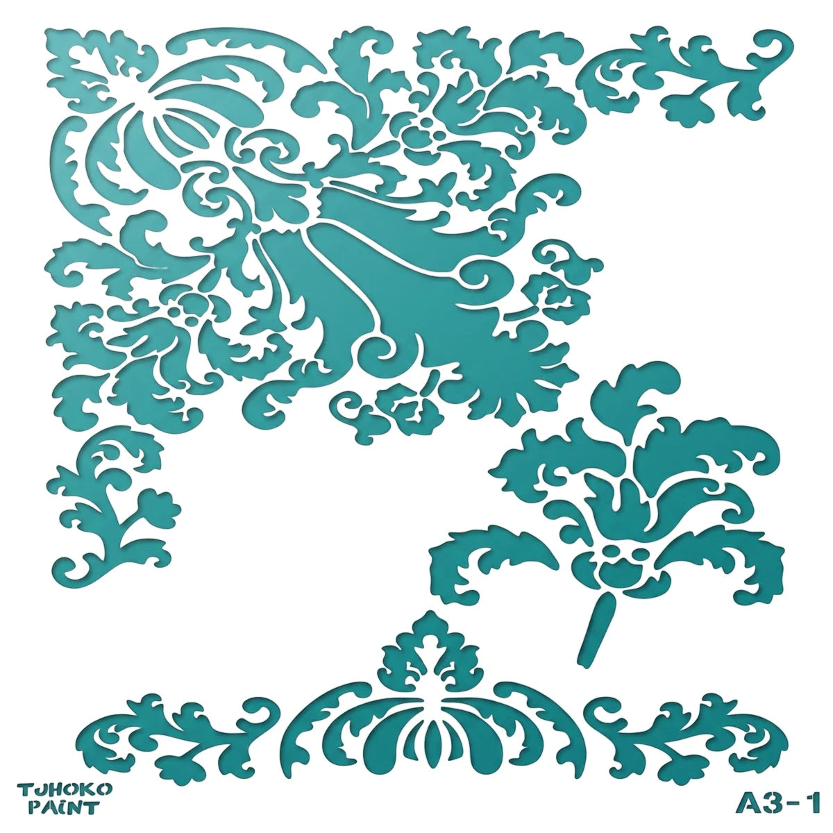 Teal Leaves Corner Stencil paint stencils for crafting, featuring damask and floral designs for DIY projects.