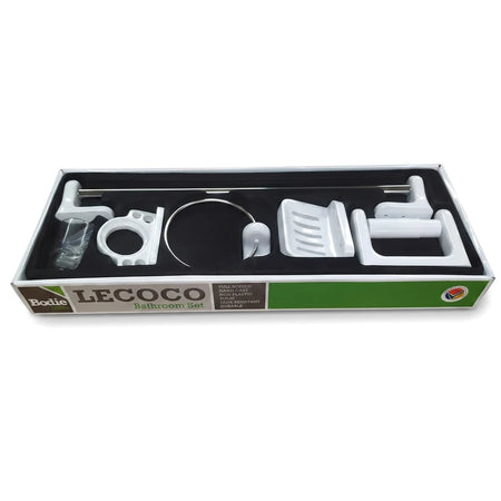 Lecoco Complete Bathroom Set in packaging, featuring white and chrome bath accessories like a soap dispenser, towel ring,