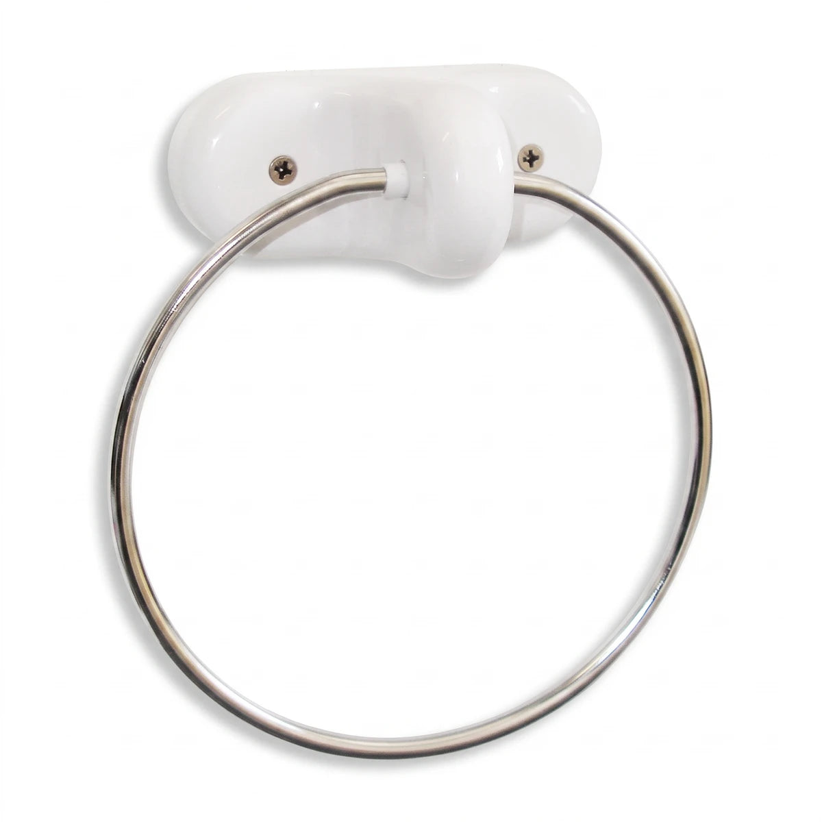 Lecoco Towel Ring with white wall-mounted plastic base and a shiny chrome metal ring, shown from a front view.