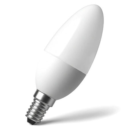 White LED 5.5w E14 Classic B light bulb, candle-shaped with a screw base, suitable for various fixtures.