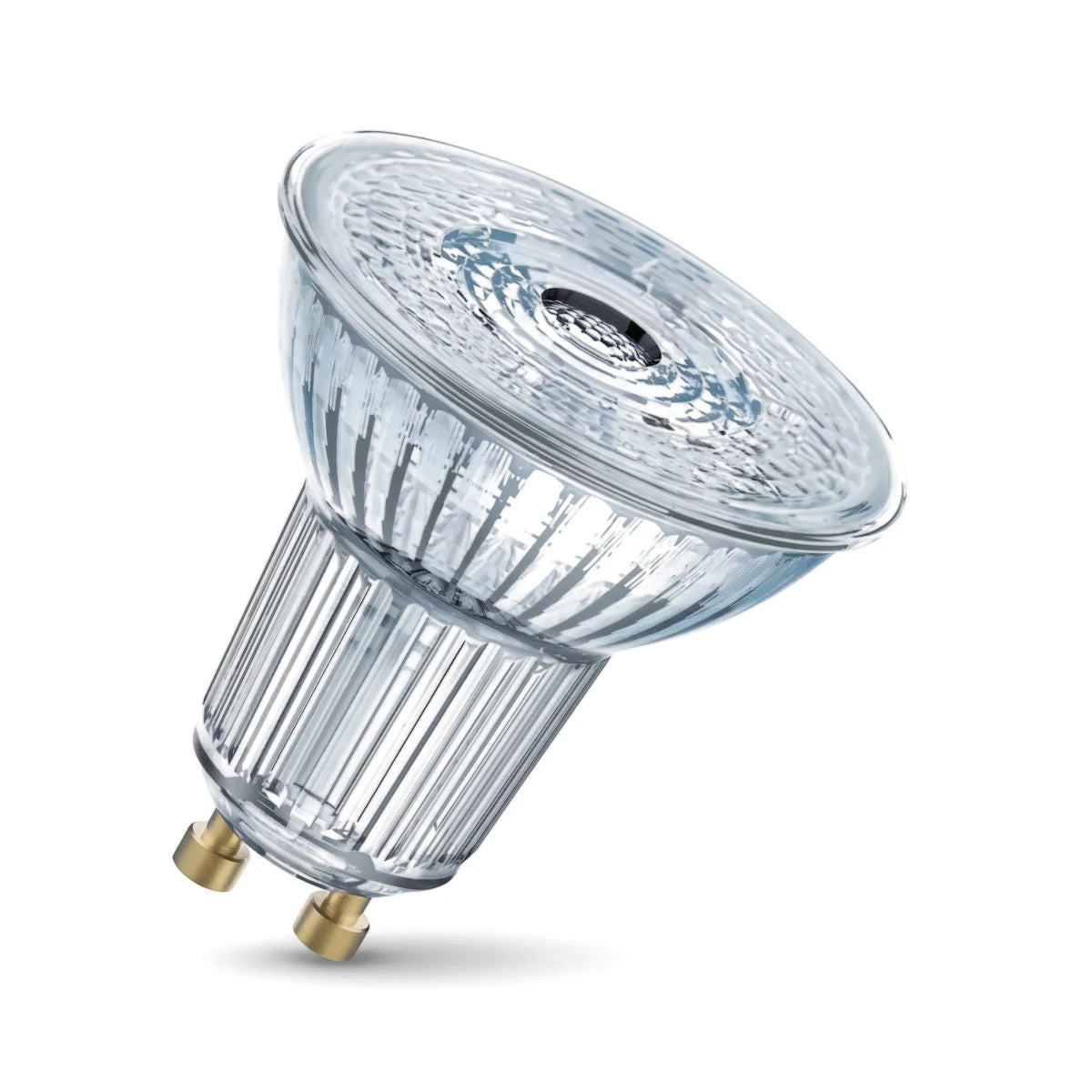 A clear glass LED 5.5w GU10 36° 6500K light bulb, energy-efficient, shown tilted against a white background.