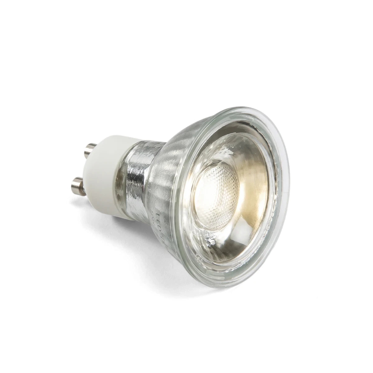 An angled view of a single LED 5W 38 GU10 6000K light bulb, featuring a glass reflector and a silver body.