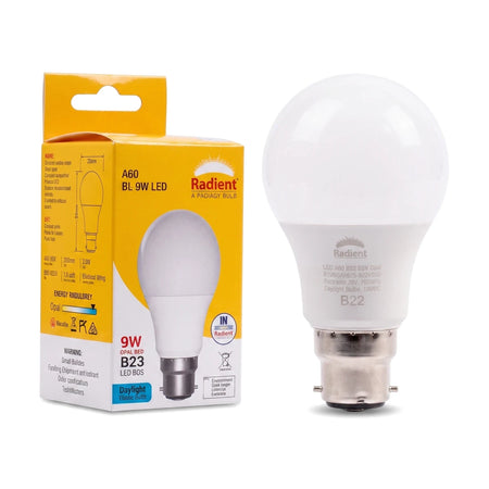 White Led A60 9W Opal B22 Daylight bulb displayed next to its yellow and blue packaging, featuring product details and