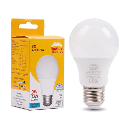 White Led A60 9W Opal E27 Daylight bulb with its yellow and white packaging box, presented upright.