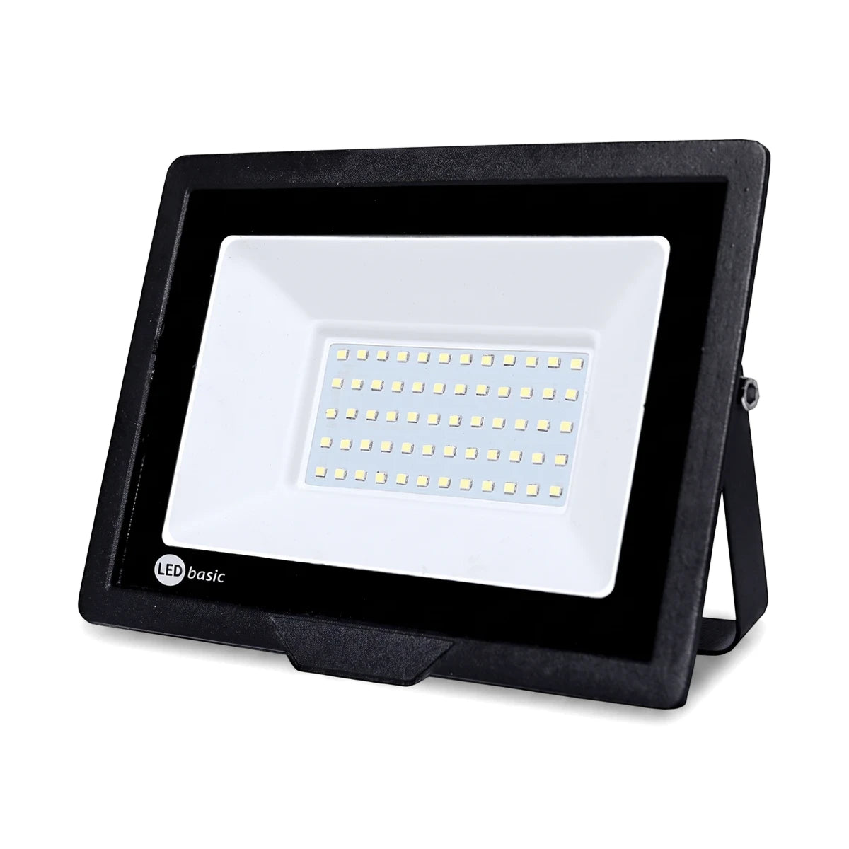 Black LED Basic Flood Light with a white illuminated face and multiple square LEDs, featuring an adjustable mounting bracket.