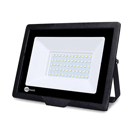 Black LED Basic Flood Light with a white illuminated face and multiple square LEDs, featuring an adjustable mounting bracket.