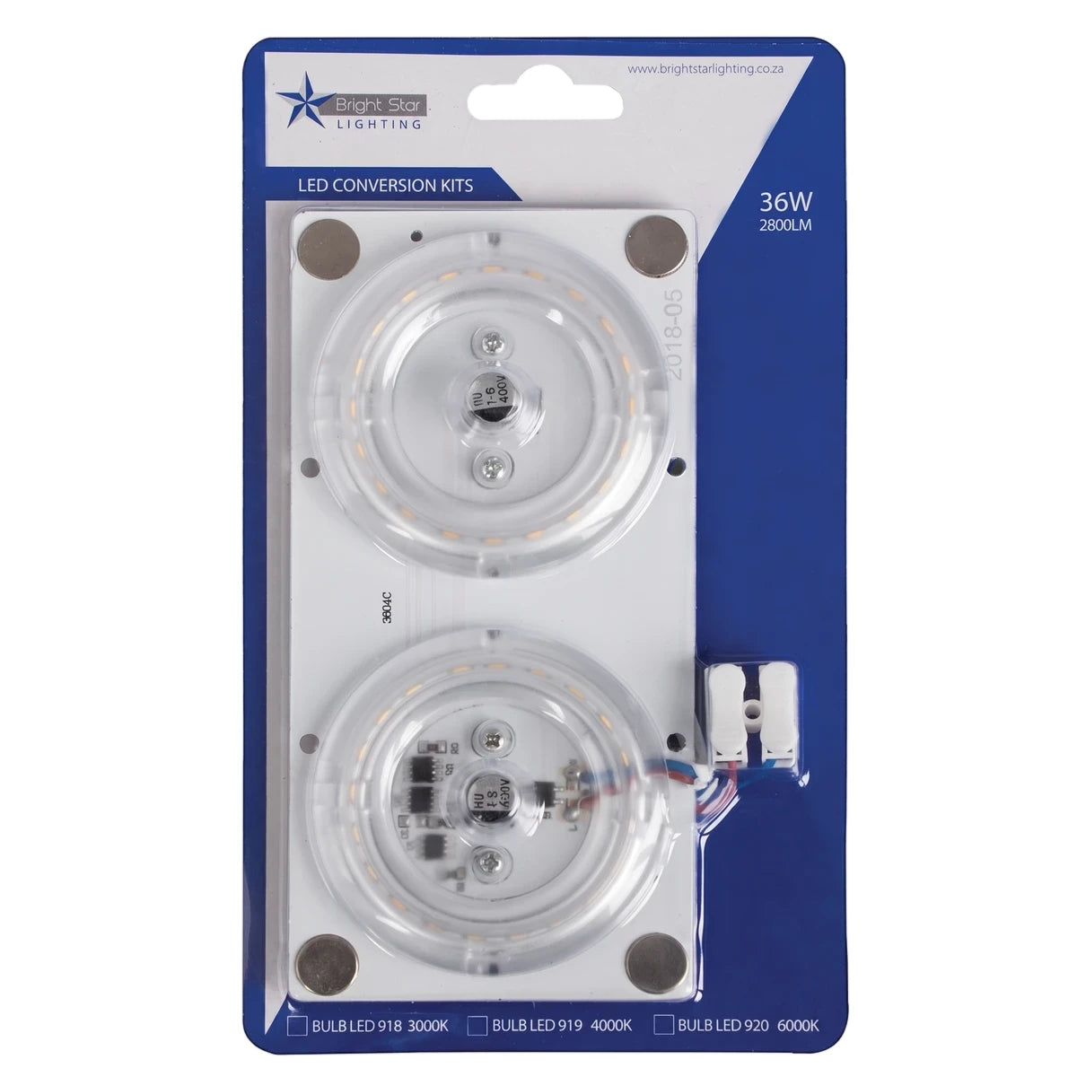Led Ceiling Light Conversion Kit 36W in a clear blister pack with blue and white branding, featuring two circular LED units.