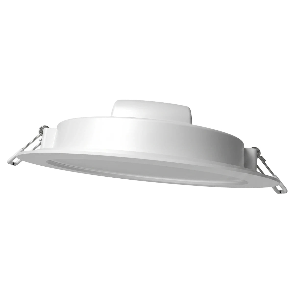 White Led Eco Recessed Ceiling Downlight R80 24W from a low-angle perspective, showing its circular design and mounting