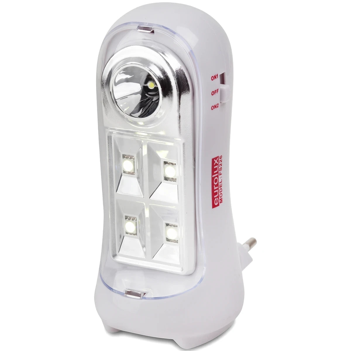 White multi-function LED emergency light rechargeable with a two-prong European plug, featuring a flashlight and four panel