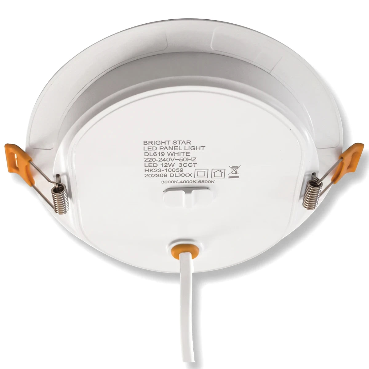 Back view of a round white Bright Star LED panel light with 12W power and CCT colour changing switch.