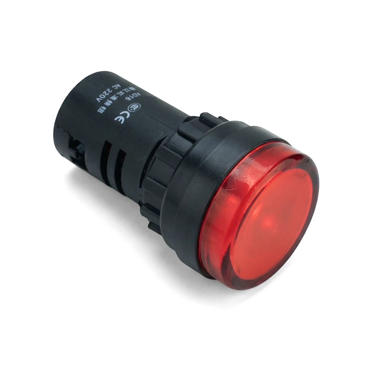 Led Pilot Light 230V Red with round red lens and black panel-mount housing, indicator lamp for control panels.