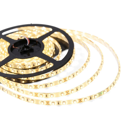 Close-up of a 5M 8mm warm white LED strip light, coiled on a black reel, brightly illuminated for ambient lighting.