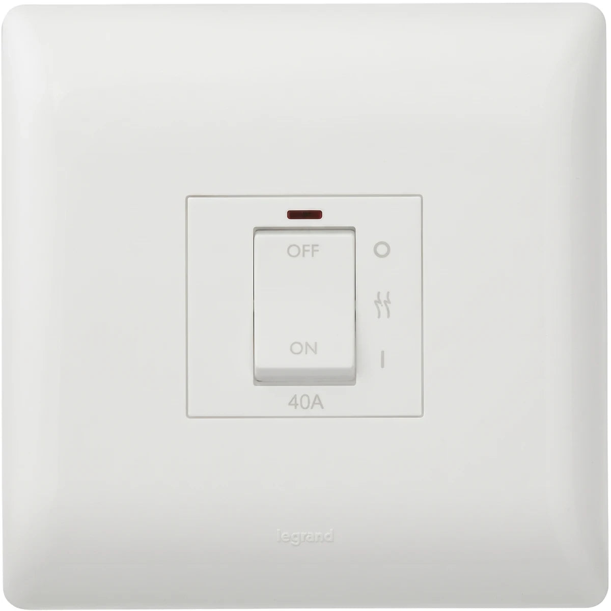 White Legrand 40A electrical isolator switch, featuring ON/OFF toggle and red indicator light, frontal view.