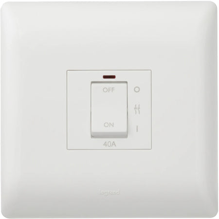 White Legrand 40A electrical isolator switch, featuring ON/OFF toggle and red indicator light, frontal view.