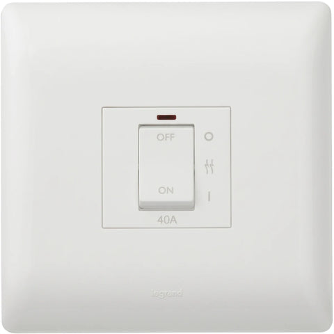 White Legrand 40A electrical isolator switch, featuring ON/OFF toggle and red indicator light, frontal view.