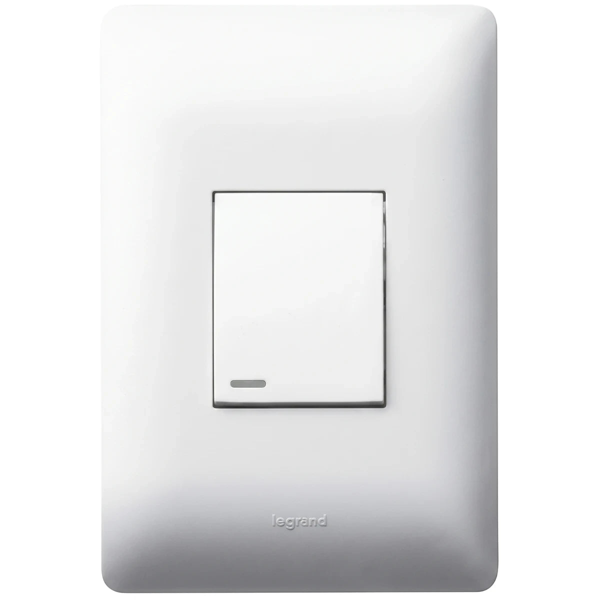 White Legrand 1 Lever Two Way Switch with a modern rectangular wall plate, viewed frontally.