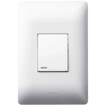 White Legrand 1 Lever Two Way Switch with a modern rectangular wall plate, viewed frontally.