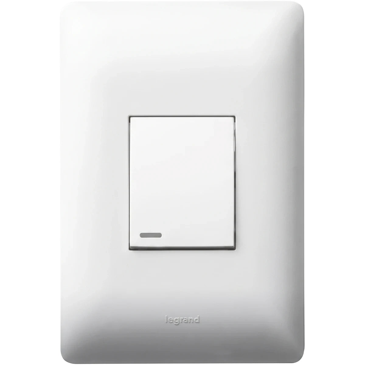 White single lever one way light switch by Legrand, featuring a sleek, modern design.