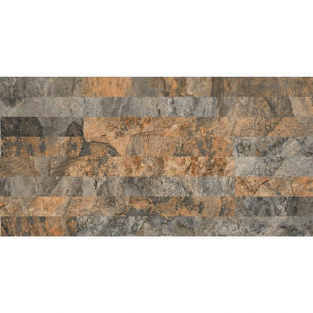 Lekwa Slate Cladding tiles featuring rustic multi-color tones of brown, orange, and gray, arranged in a textured stacked