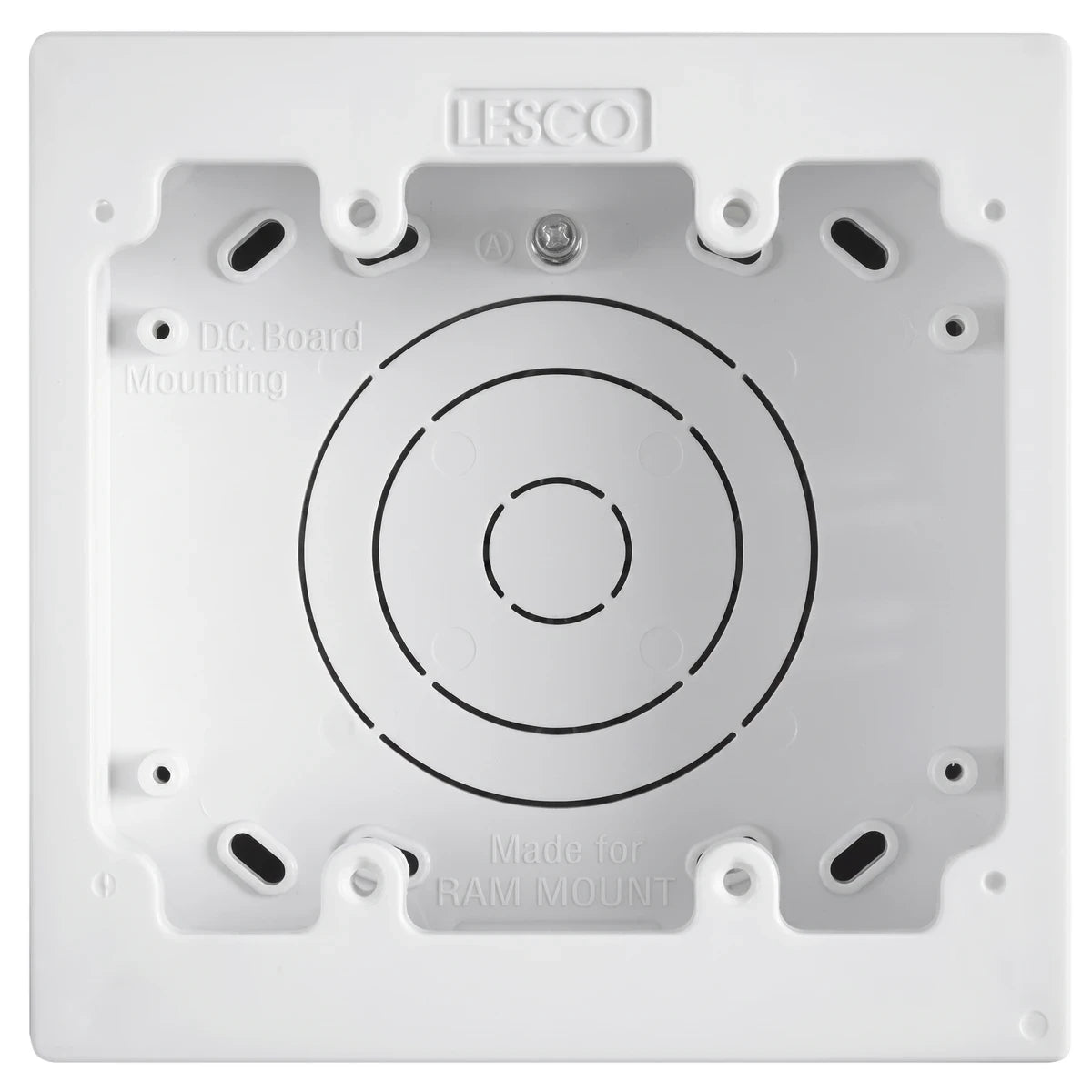 White LESCO 100x100mm electrical extension wall box for DC board mounting, shown from a front overhead view.