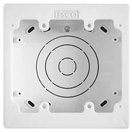 White LESCO 100x100mm electrical extension wall box for DC board mounting, shown from a front overhead view.