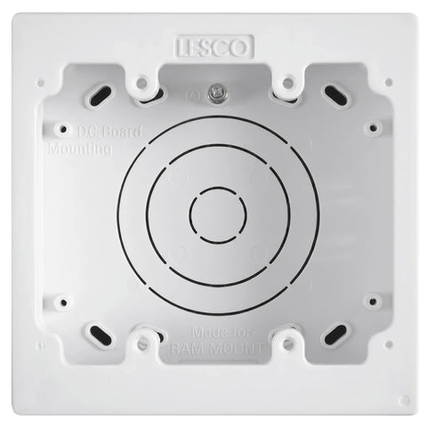 White LESCO 100x100mm electrical extension wall box for DC board mounting, shown from a front overhead view.