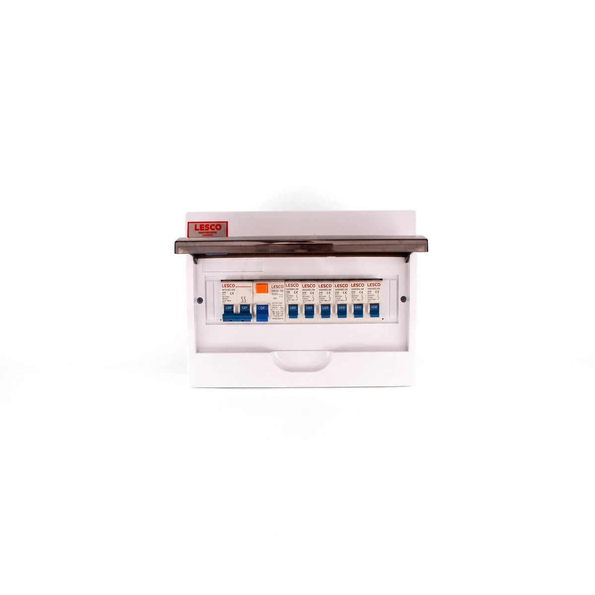 White Lesco 12 Way Surface Prepopulated Distribution Board with blue and orange circuit breakers for electrical
