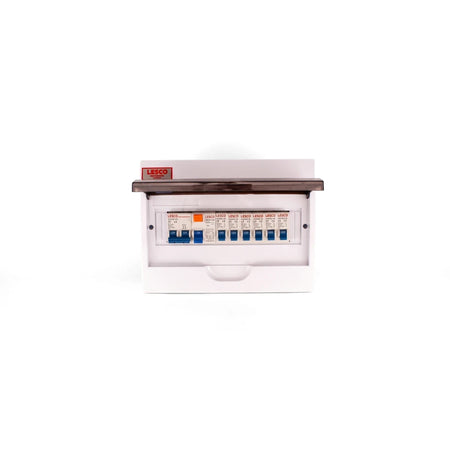 White Lesco 12 Way Surface Prepopulated Distribution Board with blue and orange circuit breakers for electrical