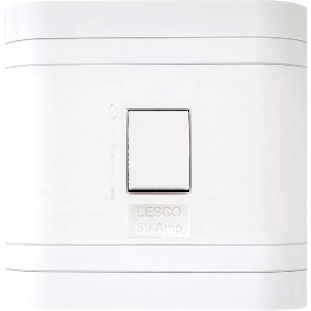 White Lesco 50 Amp stove isolator switch, featuring a central rocker switch with 0 and 1 indicators, viewed straight on.