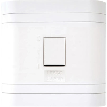 White Lesco 50 Amp stove isolator switch, featuring a central rocker switch with 0 and 1 indicators, viewed straight on.