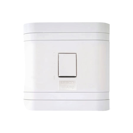 White LESCO 50 Amp Apollo 100 Contempo electrical isolator switch, featuring a toggle, on a plain background.