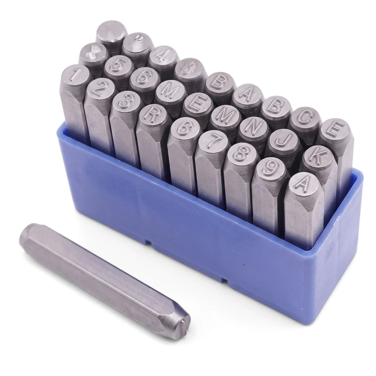 Letter Punch Set 3mm with silver steel alphabet punches arranged in a blue holder, plus one loose punch