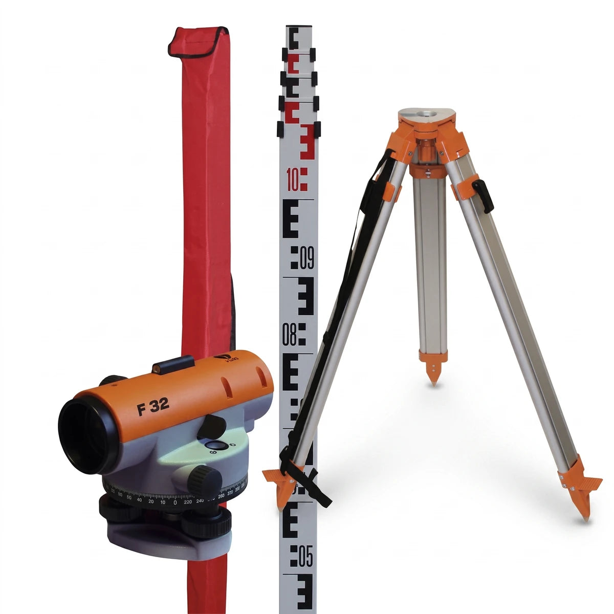 Orange and gray Level Kit F32, including an automatic level, a leveling staff, and a tripod for surveying tasks.