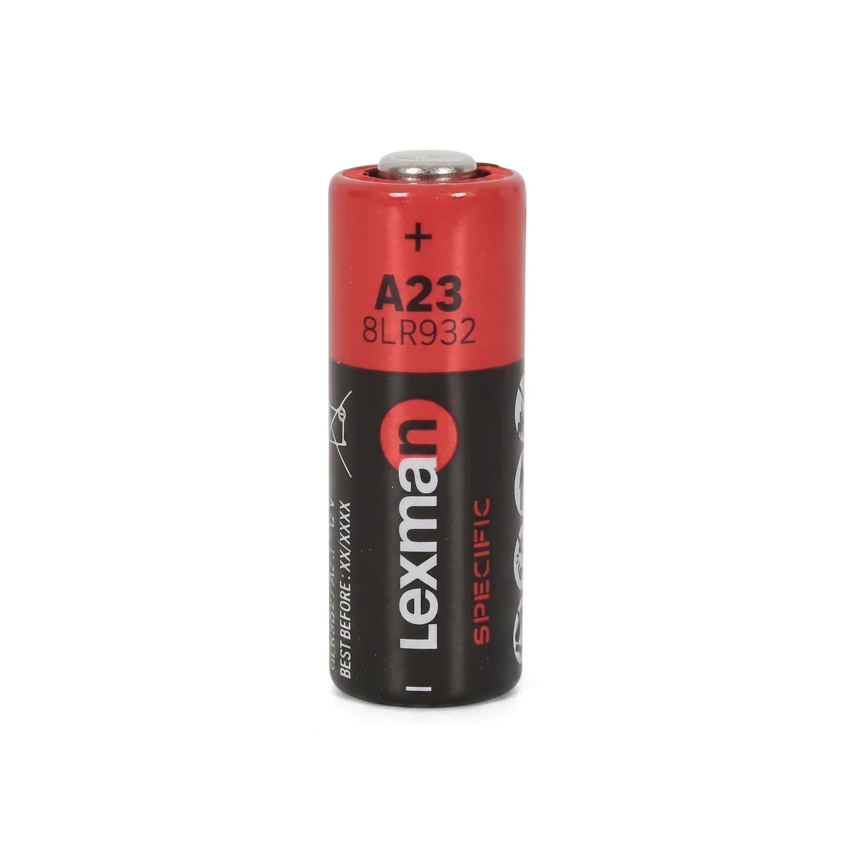 Single Lexman A23 12V alkaline battery, red and black, isolated on a white background, standing upright.