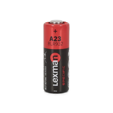 Single Lexman A23 12V alkaline battery, red and black, isolated on a white background, standing upright.