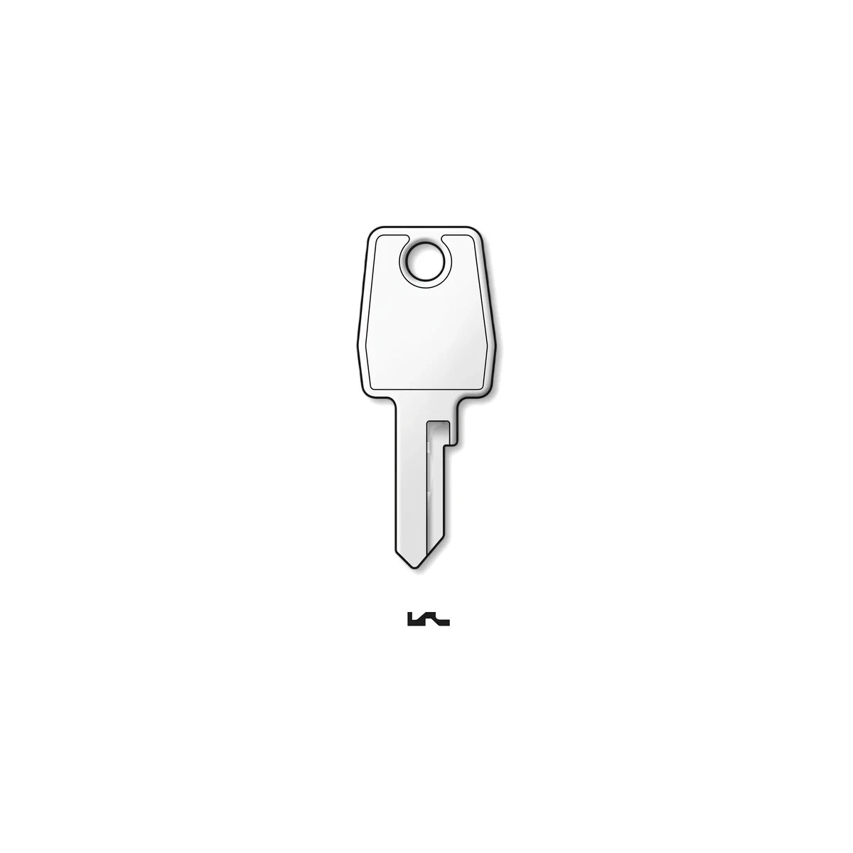 Black outline of an Lf15R key blank with a distinct head and blade, featuring a small etched design.