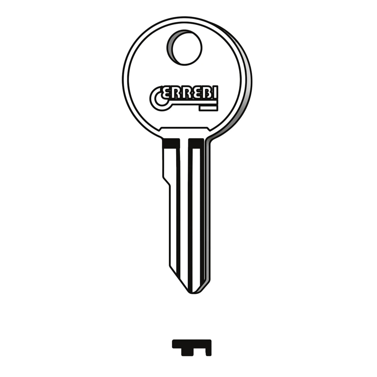 Black and white line art illustration of an Lf34R key blank with a round top featuring the 'CERREBI' logo.