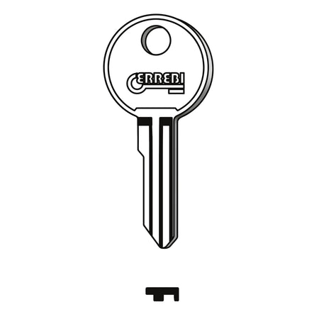 Black and white line art illustration of an Lf34R key blank with a round top featuring the 'CERREBI' logo.